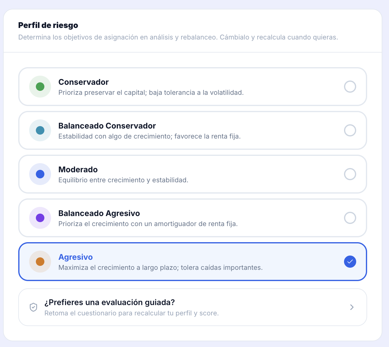 Cuestionario y resultado del perfil de riesgo