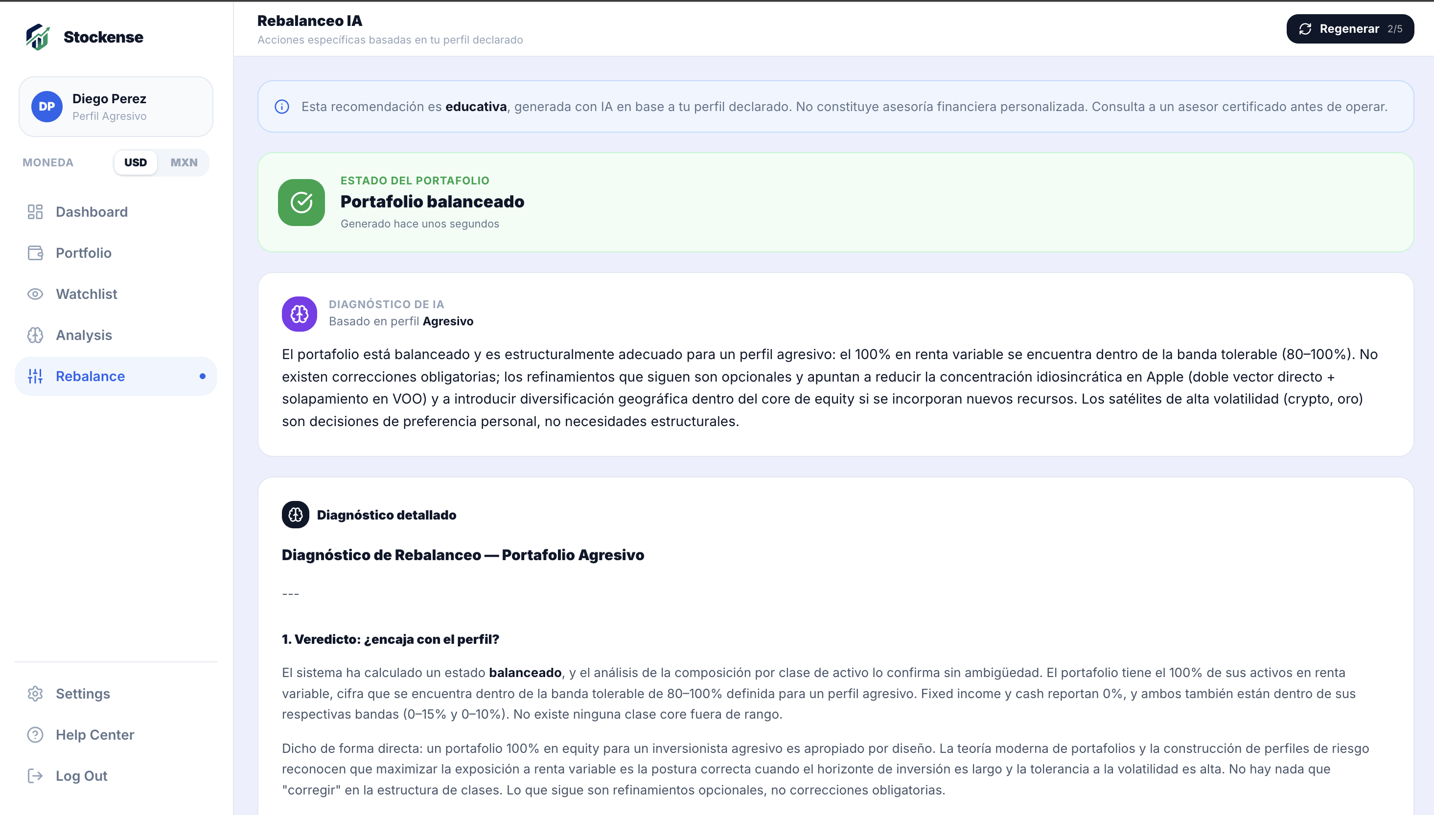 Pantalla de rebalanceo con estado, diagnóstico y acciones